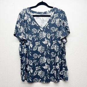 24/7 Maurices Dark Floral Womens Top 2X Dark Boho Flutter Sleeves Casual Relaxed